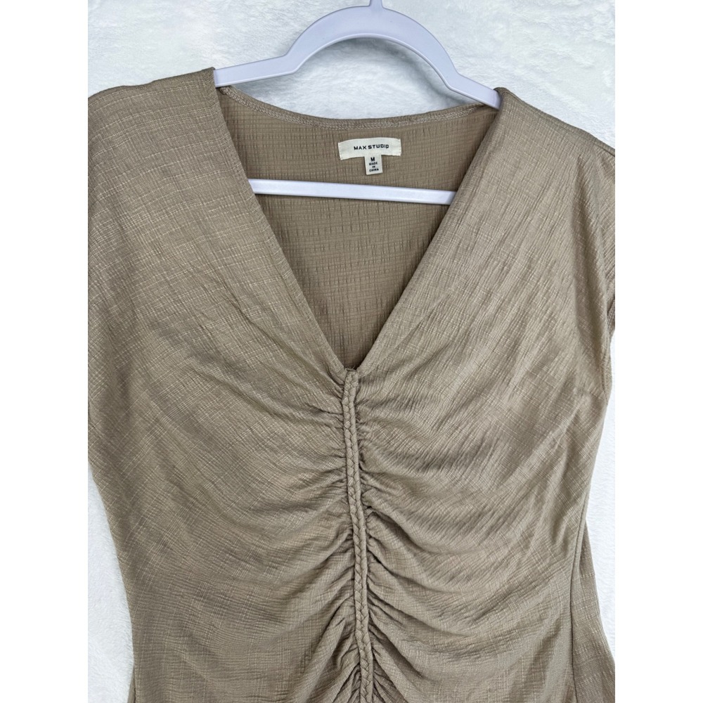 Max Studio Womens Taupe Brown Cinched Front V-Neck Cap Sleeve Top Size M 2703S71 - Picture 3 of 7